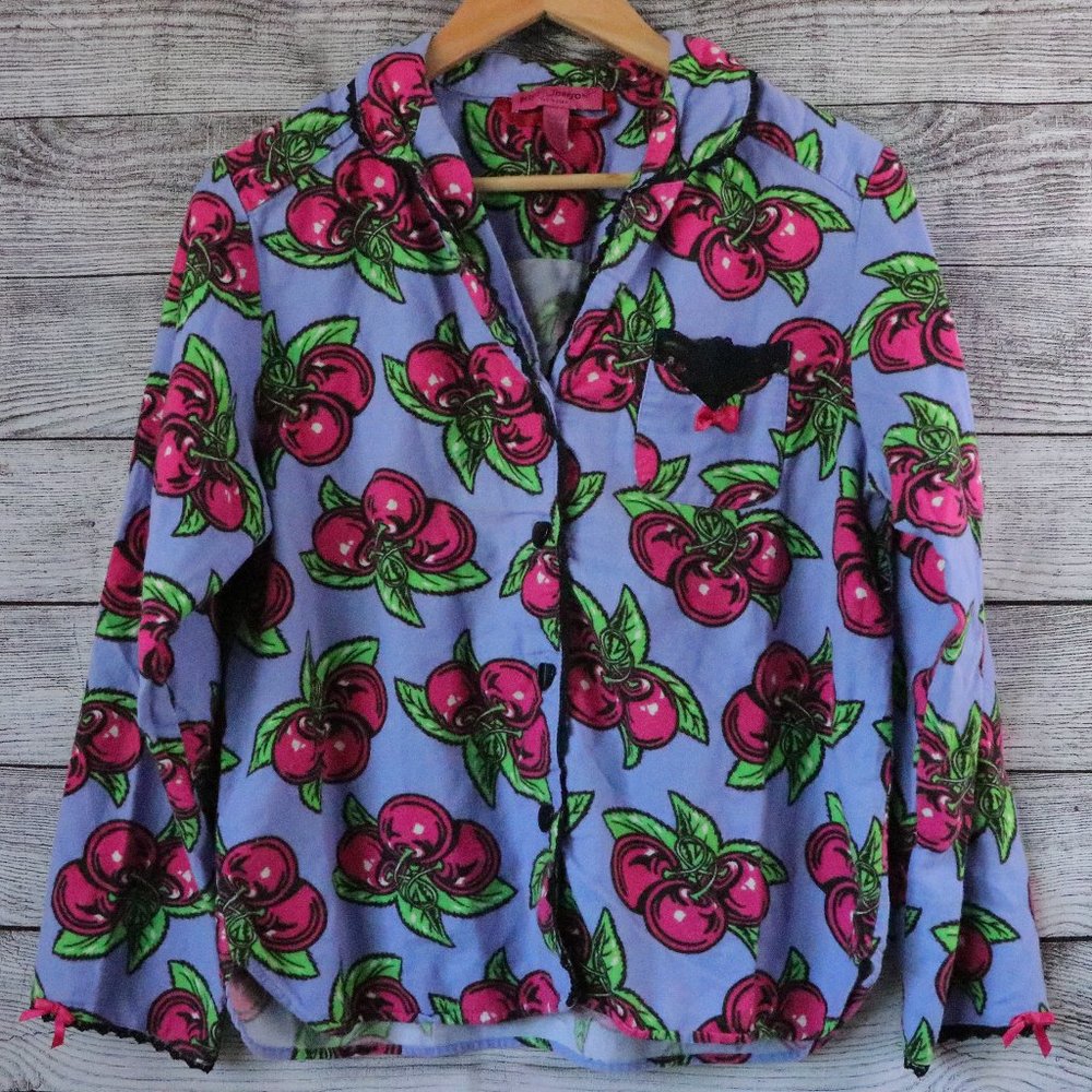 Betsey Johnson Medium Cherry Heart Intimates Pajama Button Up Purple Top